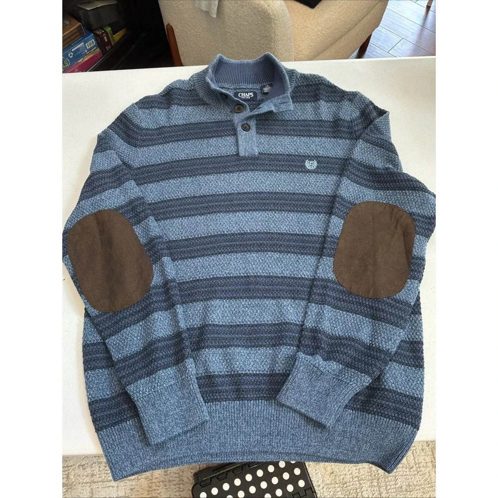 Chaps Sweater Mens Large Blue Mock Neck Henley 3 Button Elbow Patch Cotton